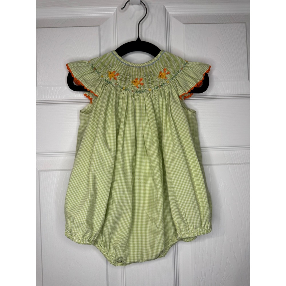 Remember Nguyen Baby Girl Smocked Fish Gingham Bubble Romper Green Orange 6M